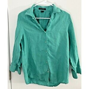 Ralph Lauren Shirt Women Teal Green preppy travel natural fiber linen medium M